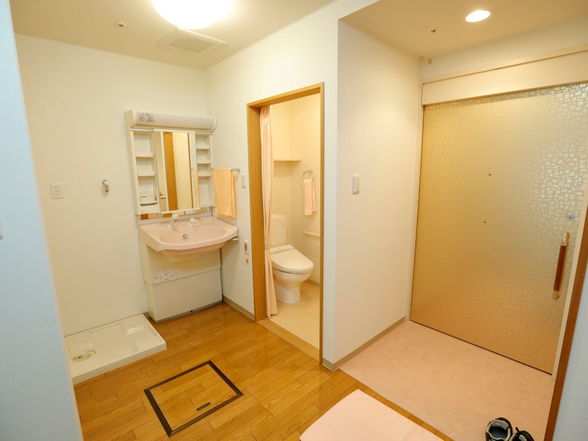 出入口のドアは、横幅のある大きなサイズである。その左側には、トイレや洗面台がある。一番端に、洗濯機置き場がある。