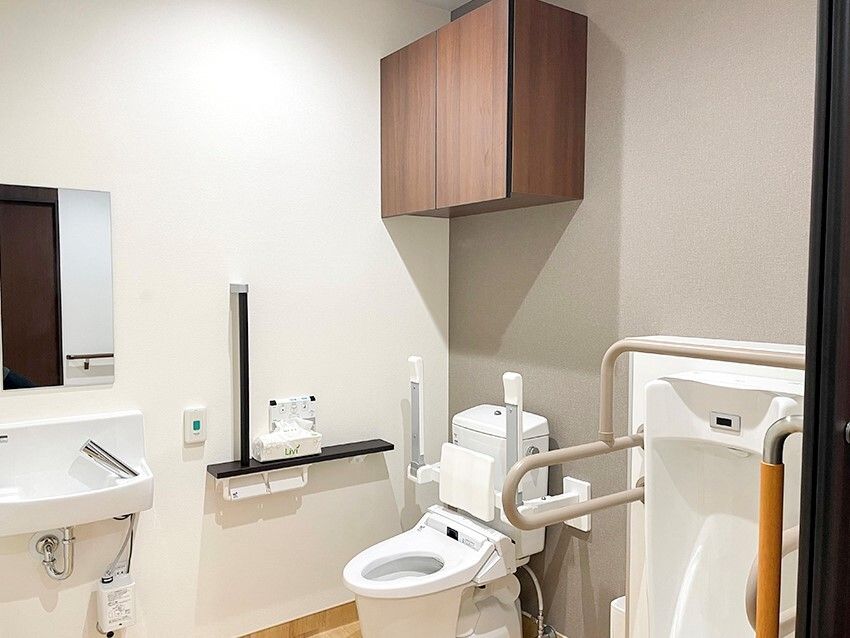 トイレには手すりや背もたれが付き、男性用の小便器も設置され、手洗い場もある。