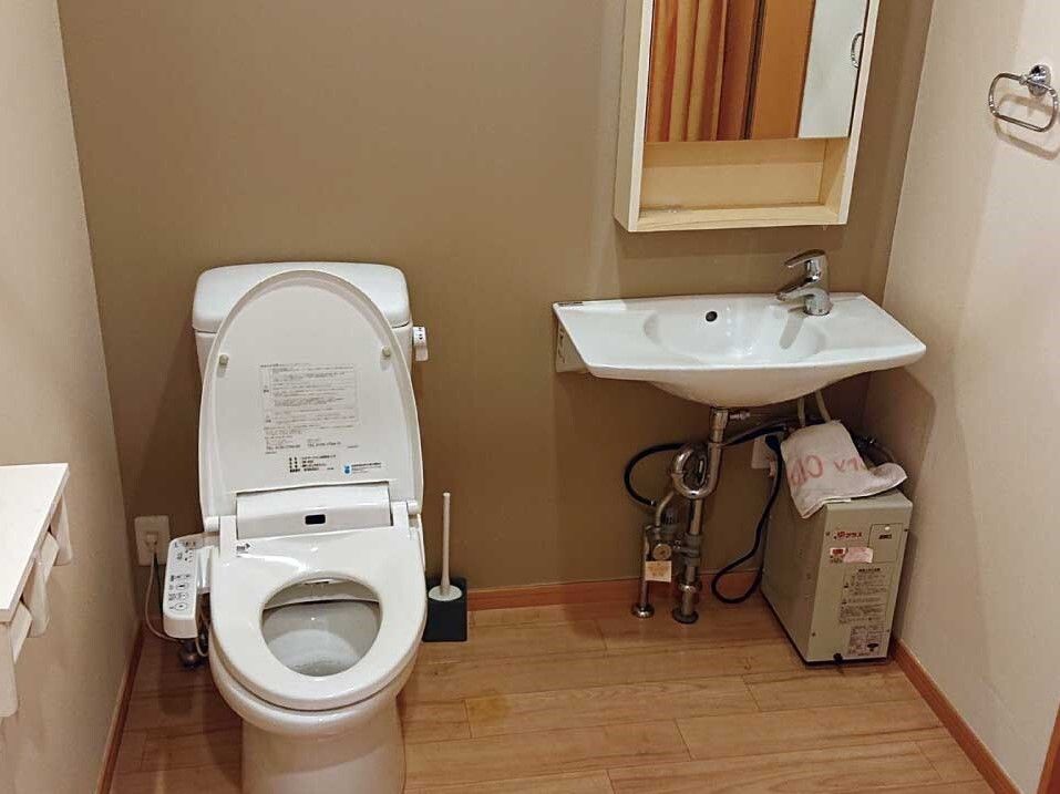 トイレは広く、鏡が設置された手洗い場もあり、トイレットペーパーホルダーは二連式。