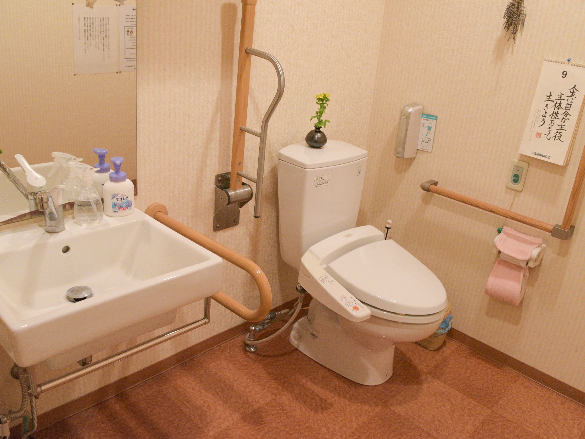 洗面台とトイレが設置されており、温水便座が取り付けられている。壁には便座クリーナーや呼び出しボタン、手すりなどがある。