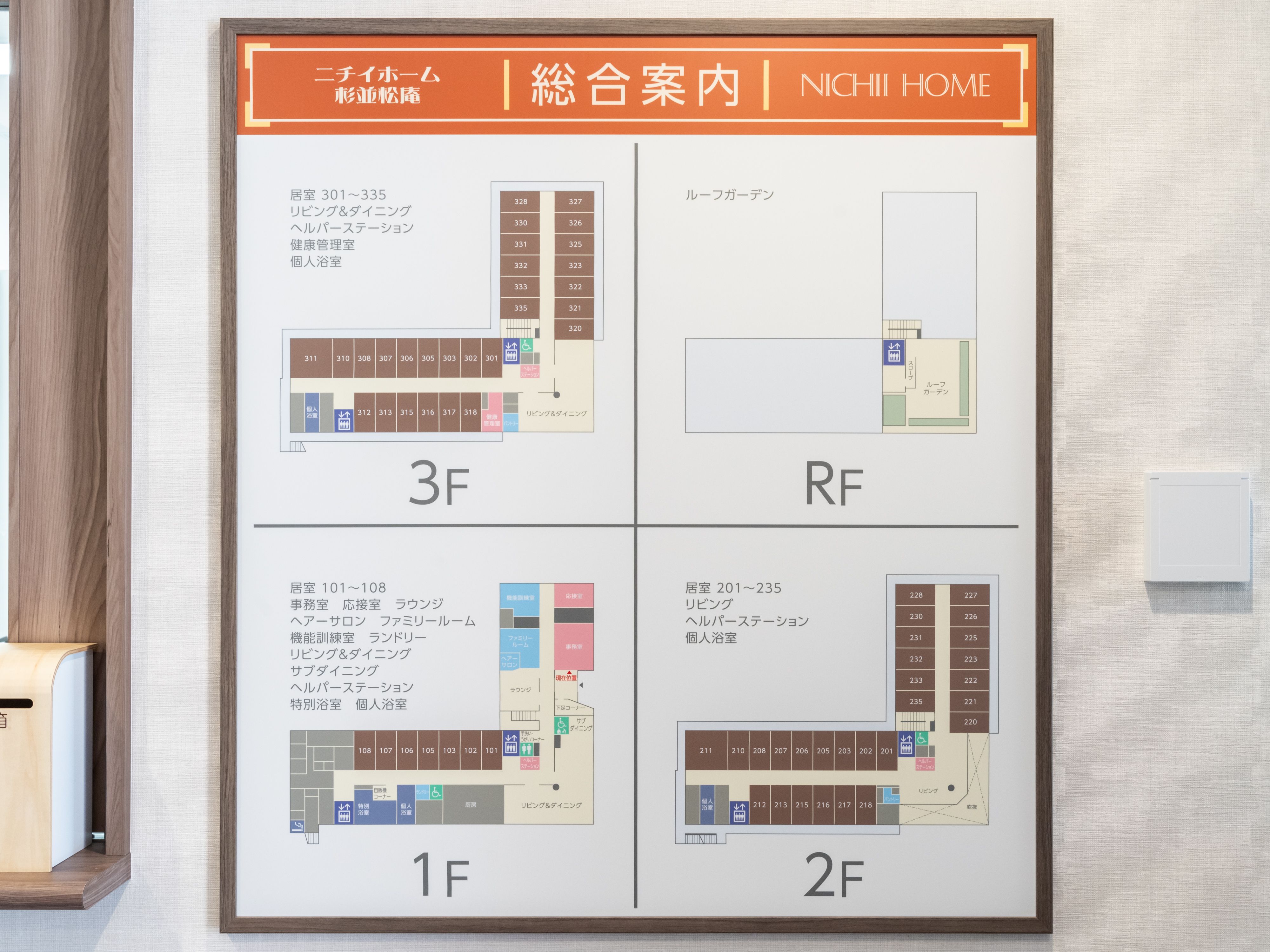 白い壁に設置された木で縁取られた建物の案内板