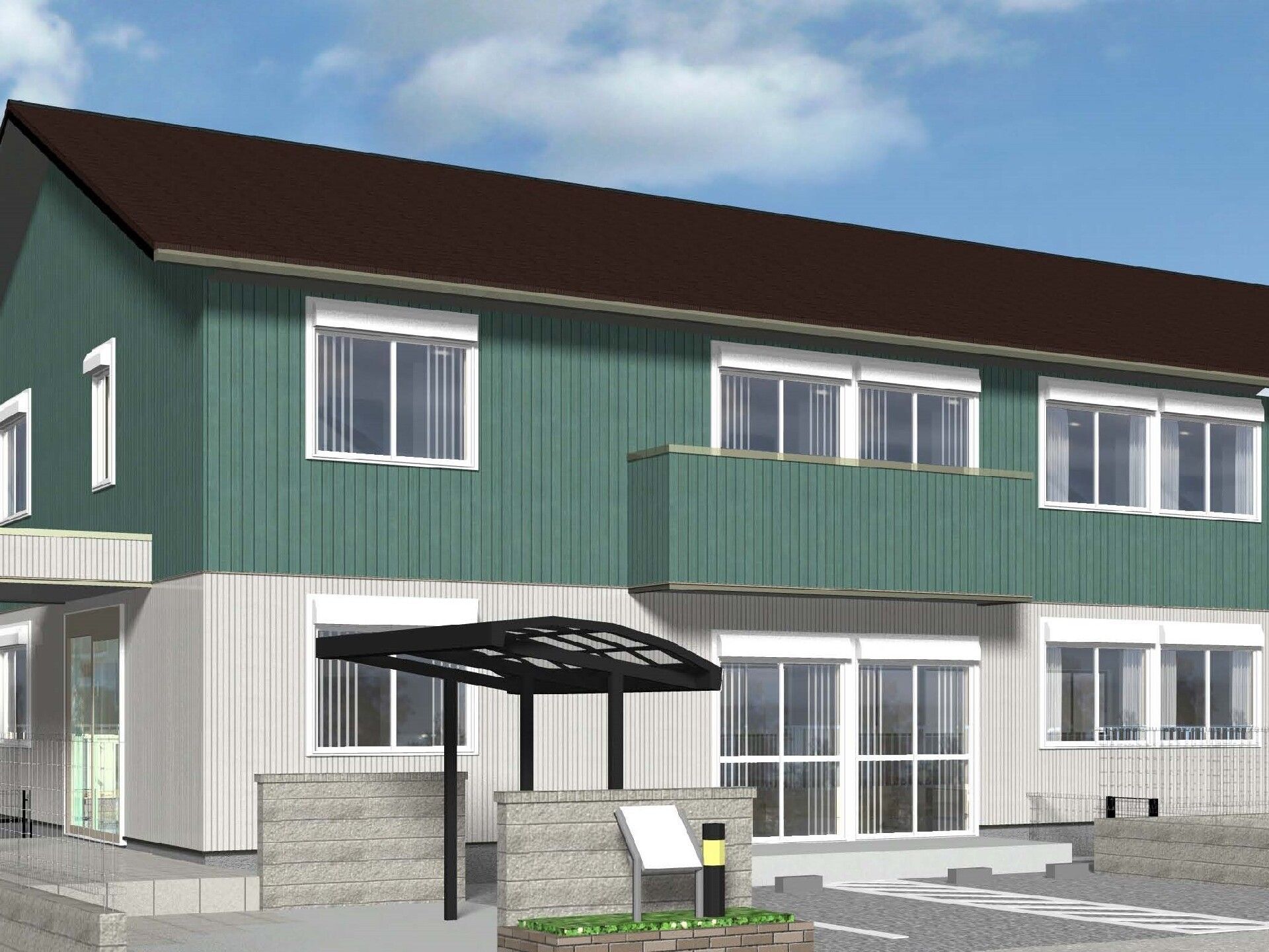 みどりと白のツートンカラーの２階建ての建物。敷地内には駐車場と駐輪場があり、日当たりのいい場所に建っている。