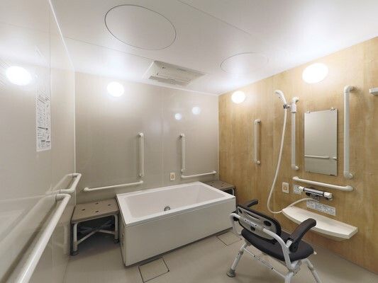 たくさんの手すりが付いた浴室。一人用の浴槽が設置され、両サイドにベンチがあり、シャワーもついている。