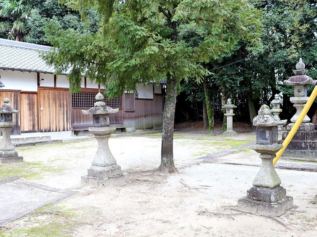 たくさんの木が植えられた神社の境内はきれいに掃除が行き届いていて、灯篭がたくさん設置されている。