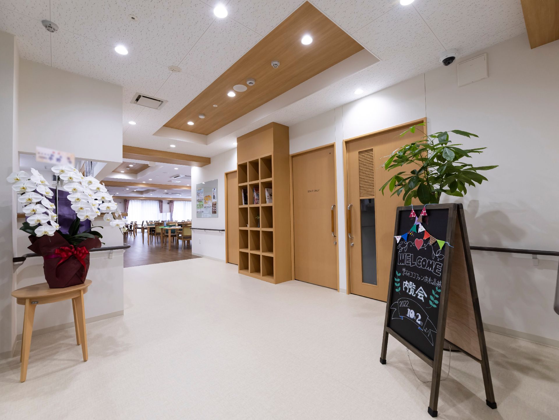 玄関を入ると白い花や観葉植物が見える玄関