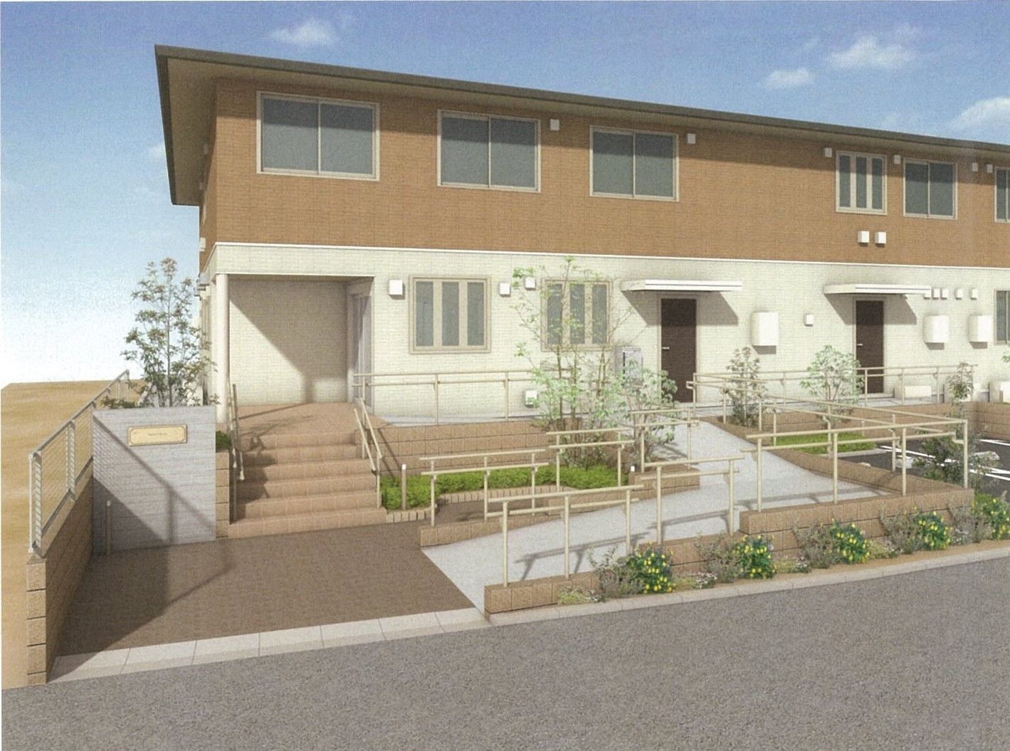 明るい外観の建物入口