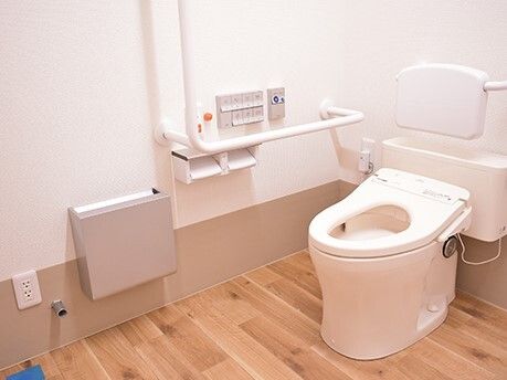 呼び出しボタンや手すり付いた壁には操作パネルもあり、便座にも手すりと背もたれが付いている。