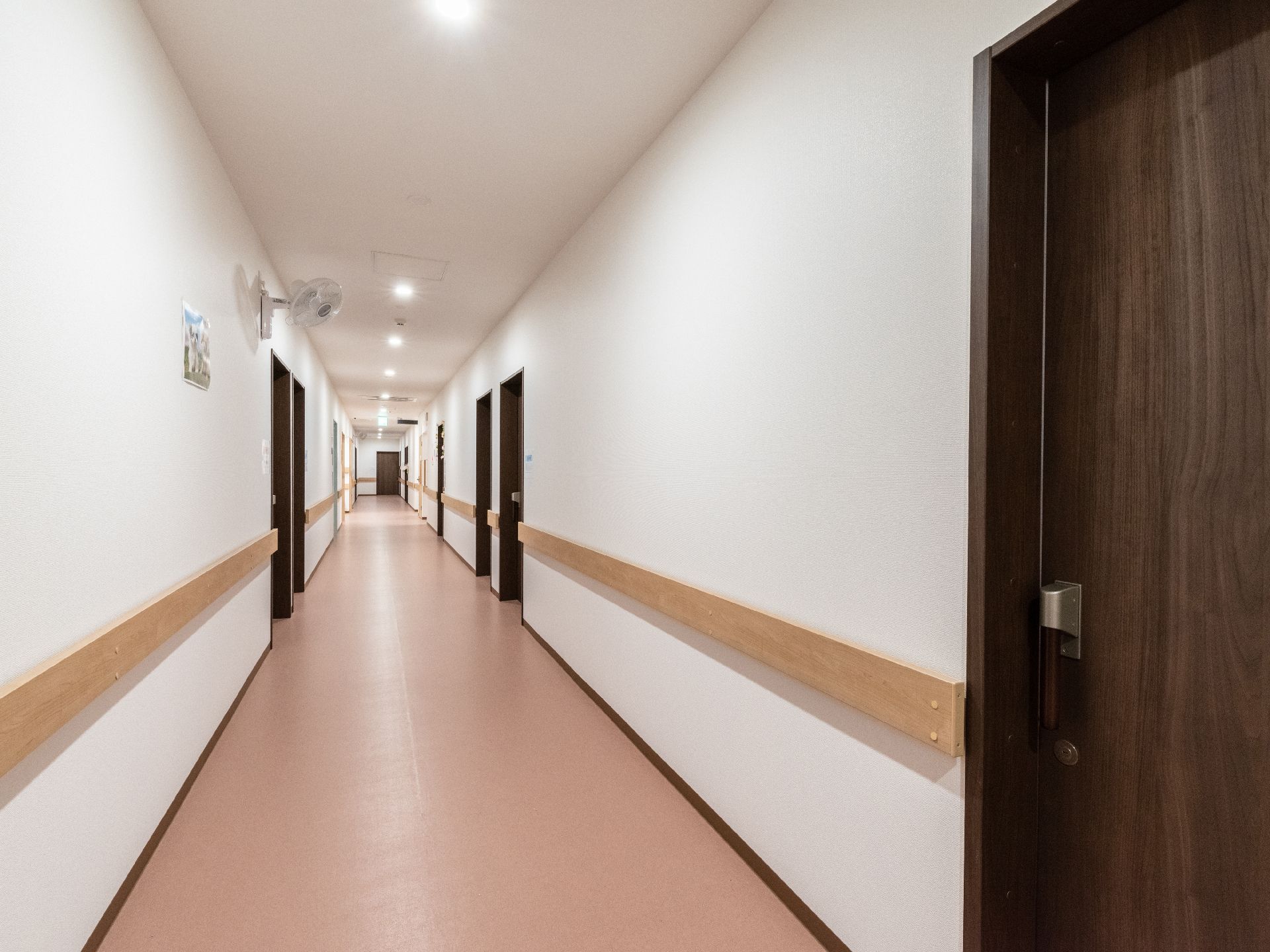 手すりが行き渡っている廊下と、引き戸となっている居室