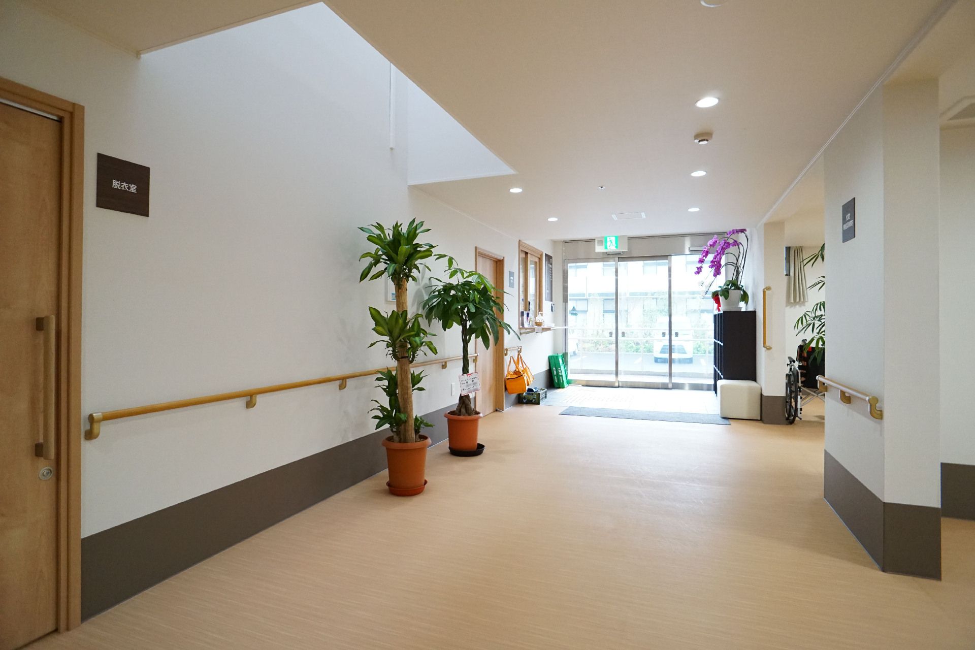 建物の入り口から伸びている手すりが付いた壁の広間