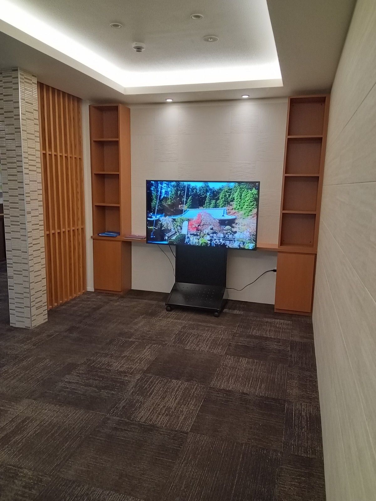両サイドにオープンタイプの棚が設置されたテレビボードの上には大きなテレビが置かれている。