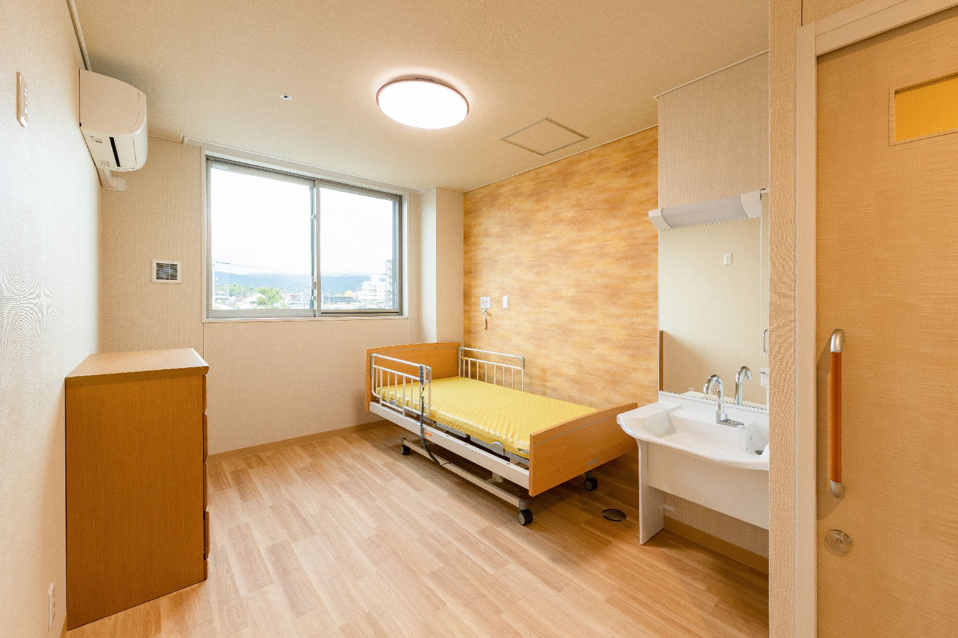 車いす対応の洗面所があるフローリングの居室にはトイレのドアもあり、家具などは置かれていない。