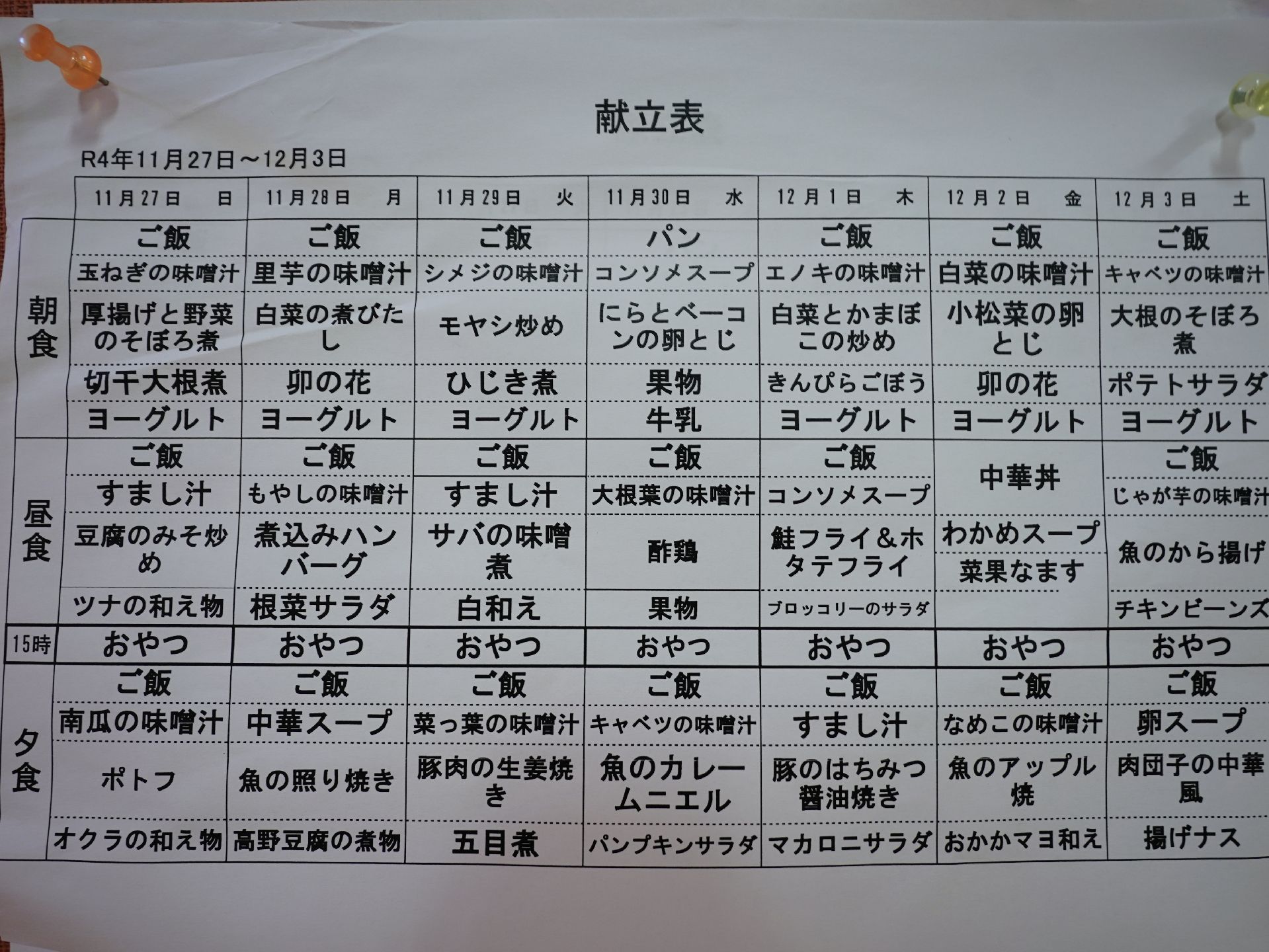 1週間分のメニューが書かれている献立表