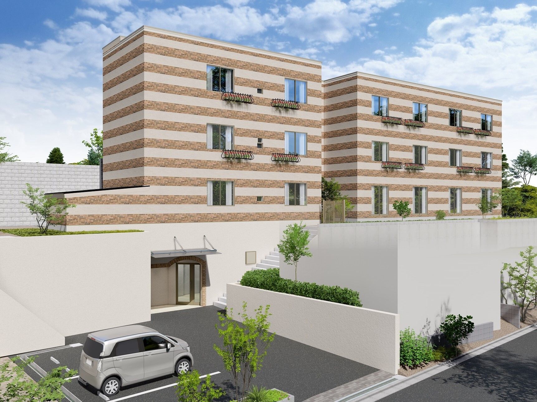 4階建ての建物はブラウン系でストライプ柄。建物の前の駐車場にはグレーの車が止まっている。