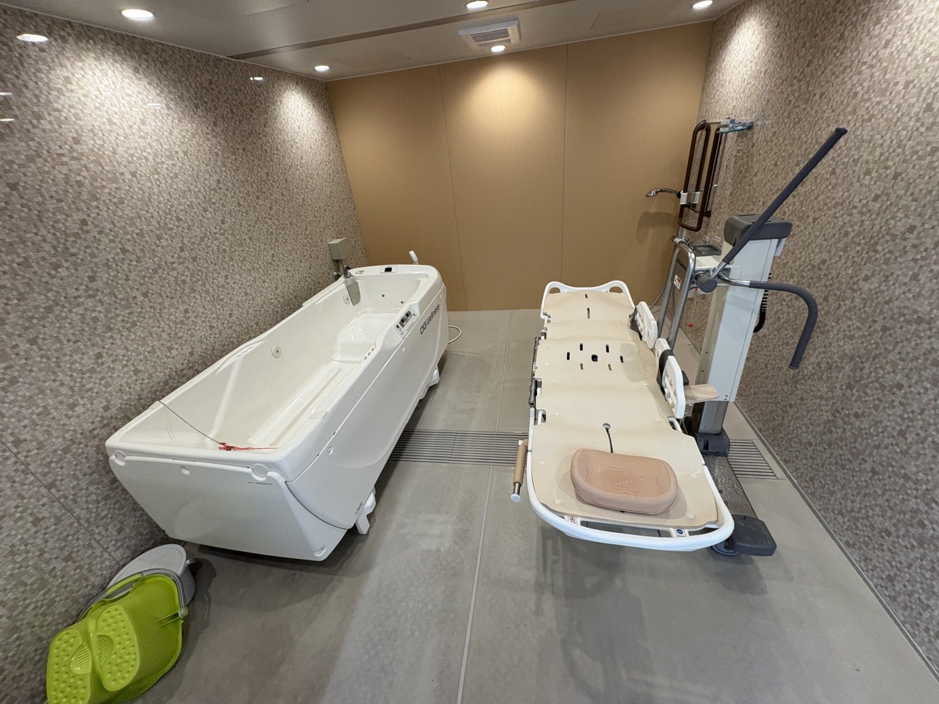 カーディガンを着た高齢女性が車いすに座り、指差す方向をエプロンを付けた女性スタッフが一緒に見ている。