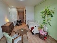 寝具付きのベッドやテーブルセットが置かれたフローリングの部屋には観葉植物が飾られている。