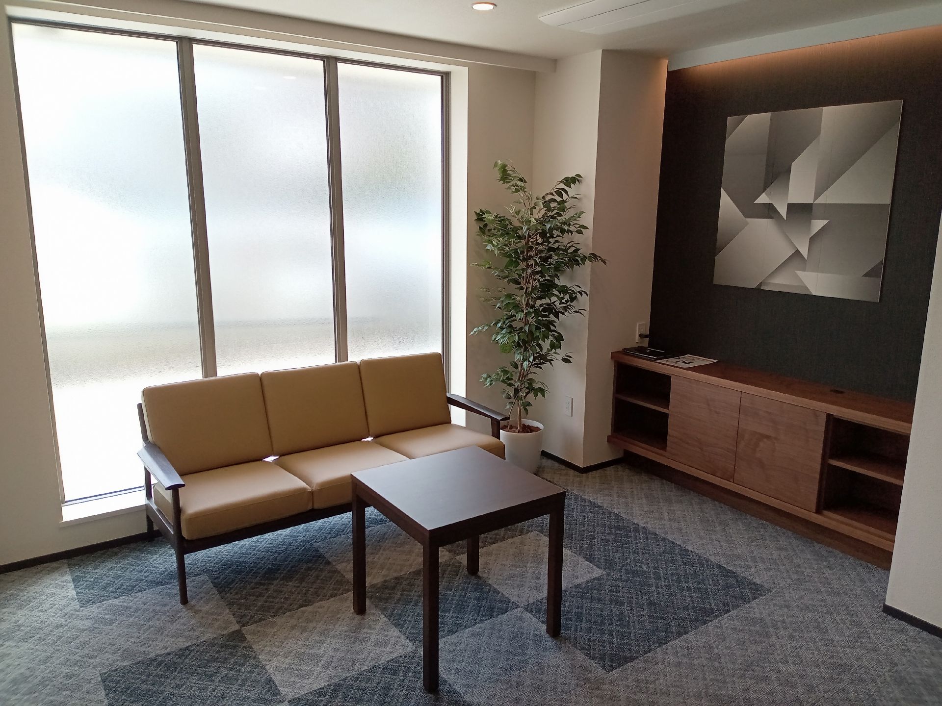 大きなテレビが設置されたラウンジにはベンチタイプのソファやテーブルがあり、観葉植物が飾られている。