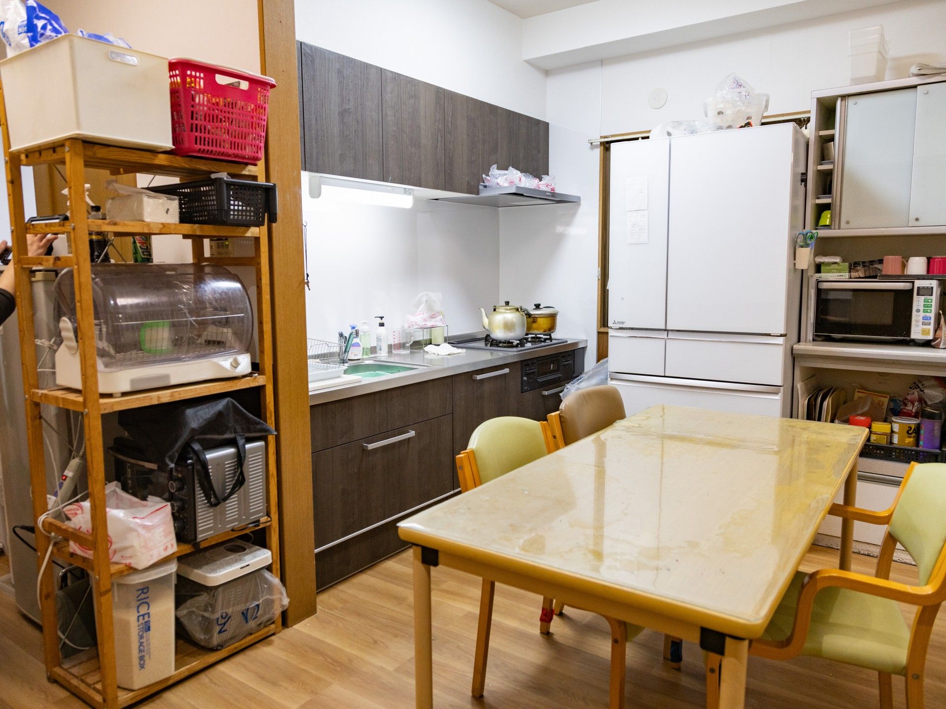白いポロシャツを着た女性スタッフが屋外で笑顔で車いすの高齢女性と話している。