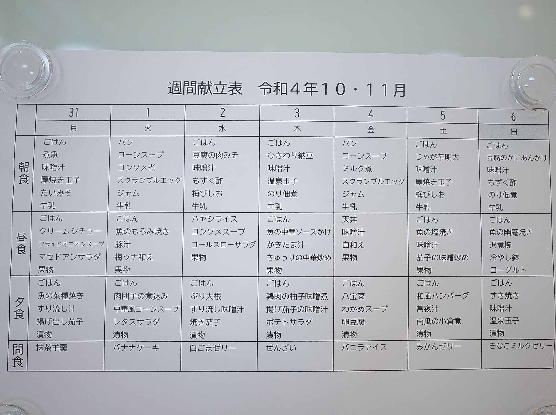 一週間分の献立表
