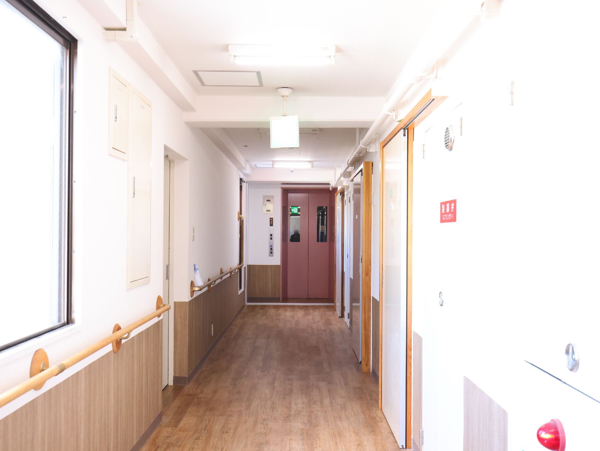 日差しで通路が明るくなっている廊下
