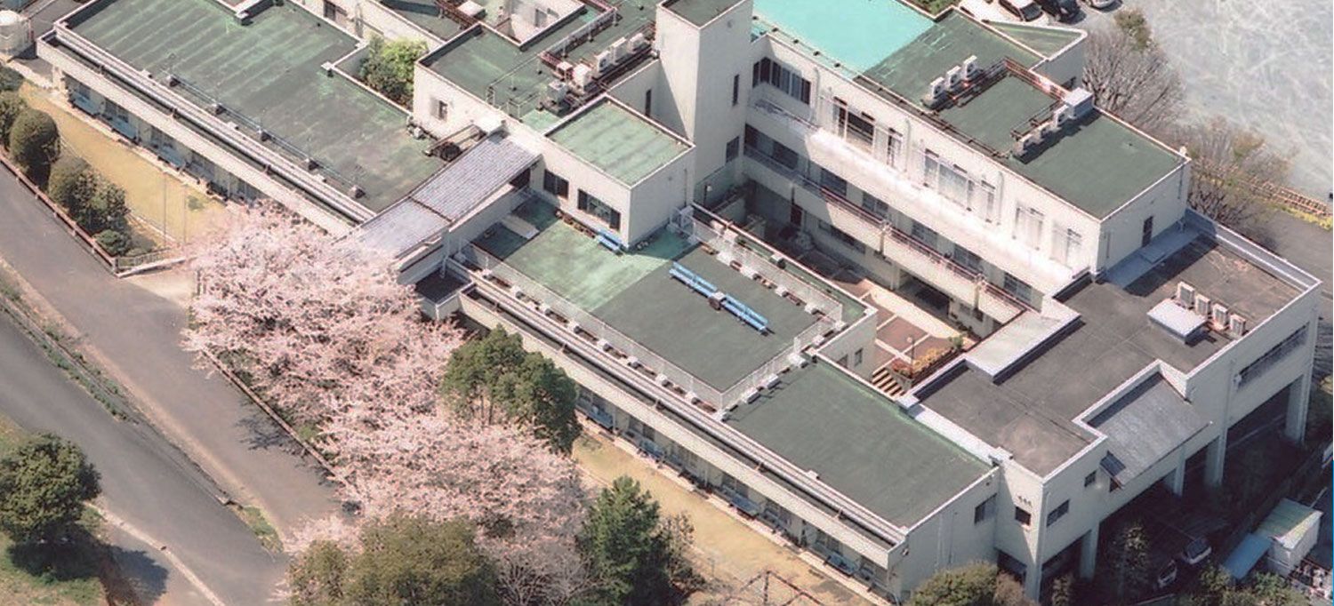 桜の木が並ぶ建物外観