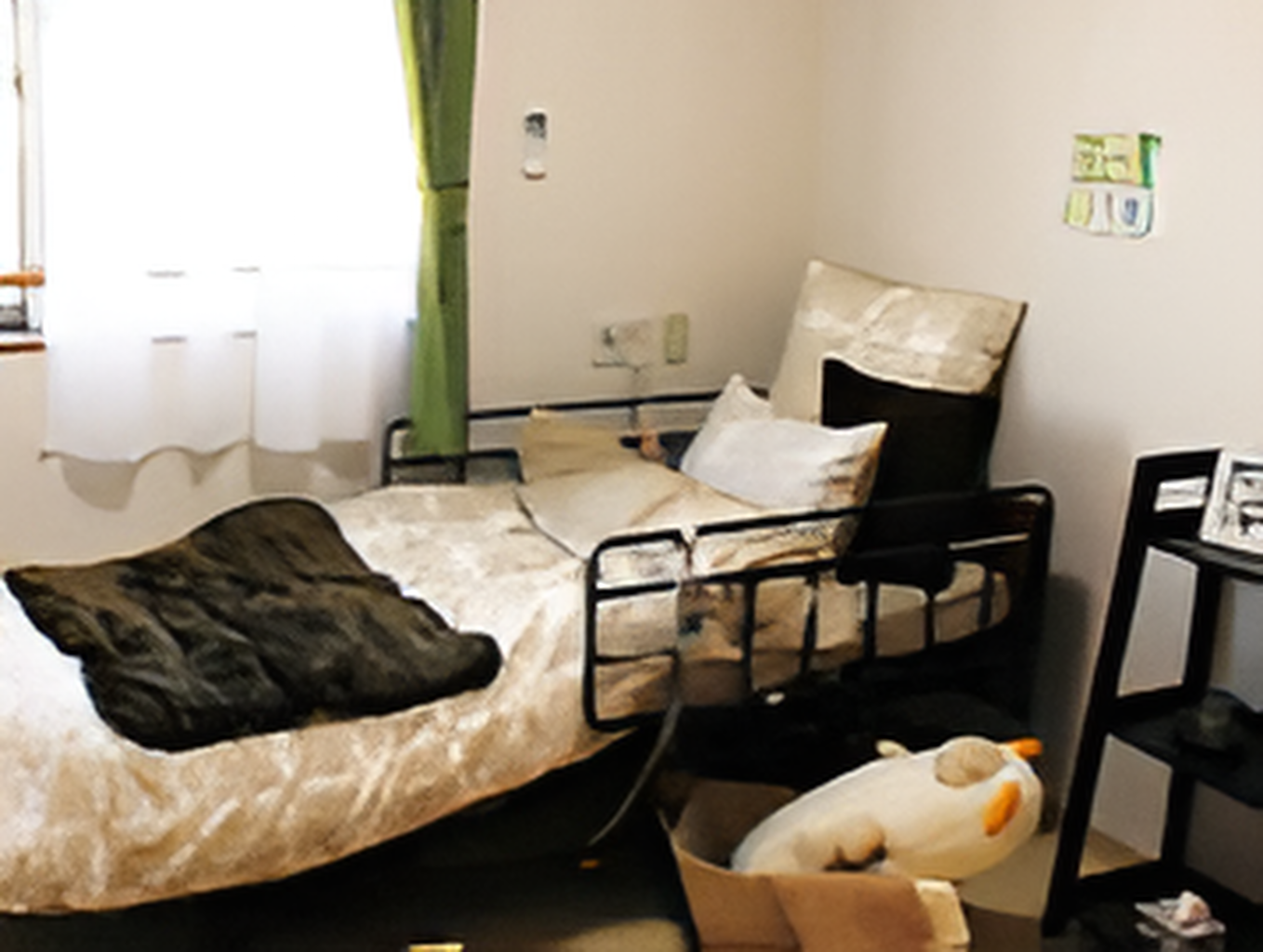 寝具付きのベッドが置かれた部屋にはレースカーテンとカーテンが付いた窓があり、緊急通報装置もある。