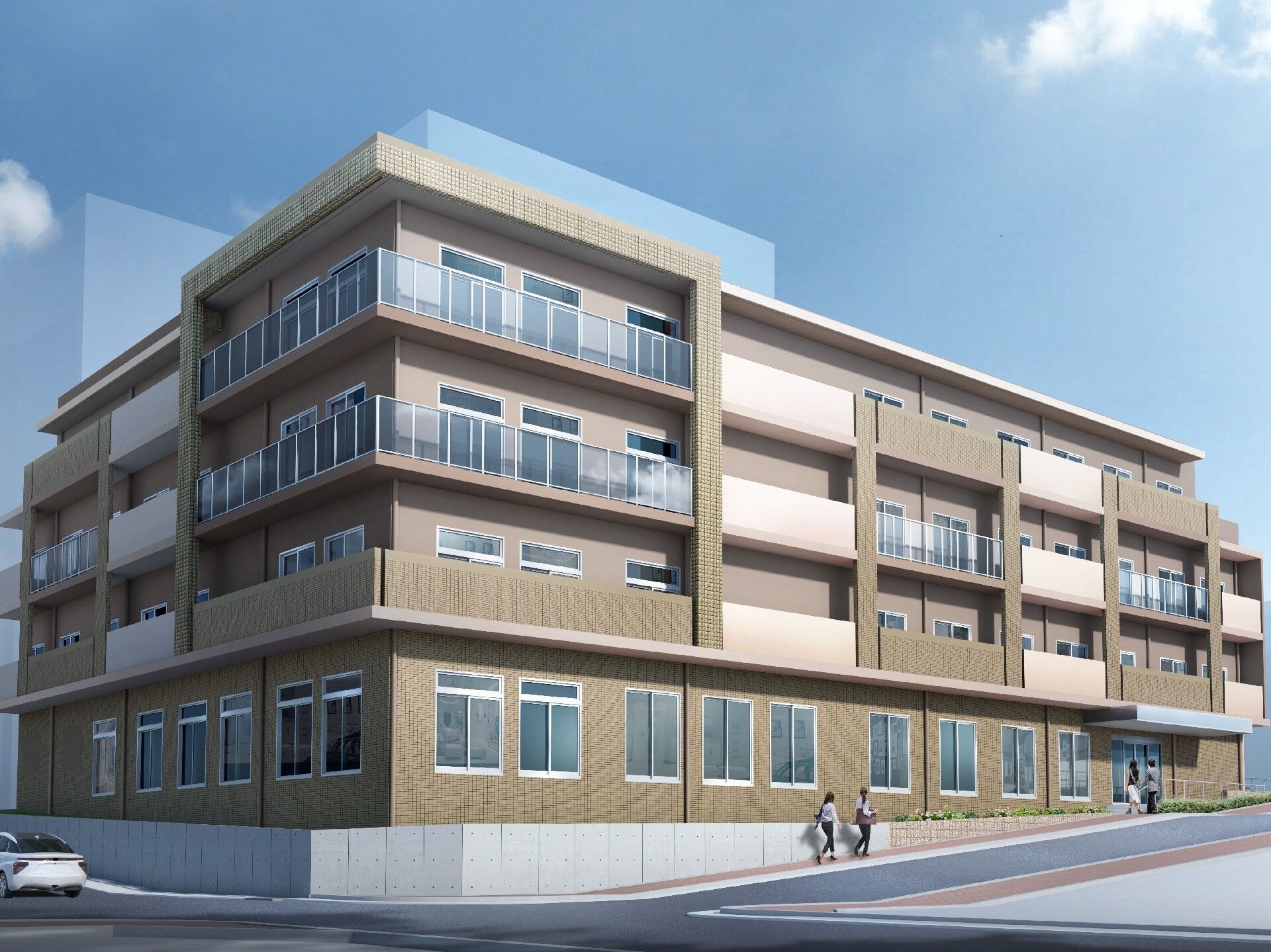 角フロアにベランダが付いたブラウン系の外壁の４階建ての建物は日当たりのいい場所に建っている。