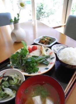 野菜たっぷりの副菜とご飯と汁物がセットになった食事