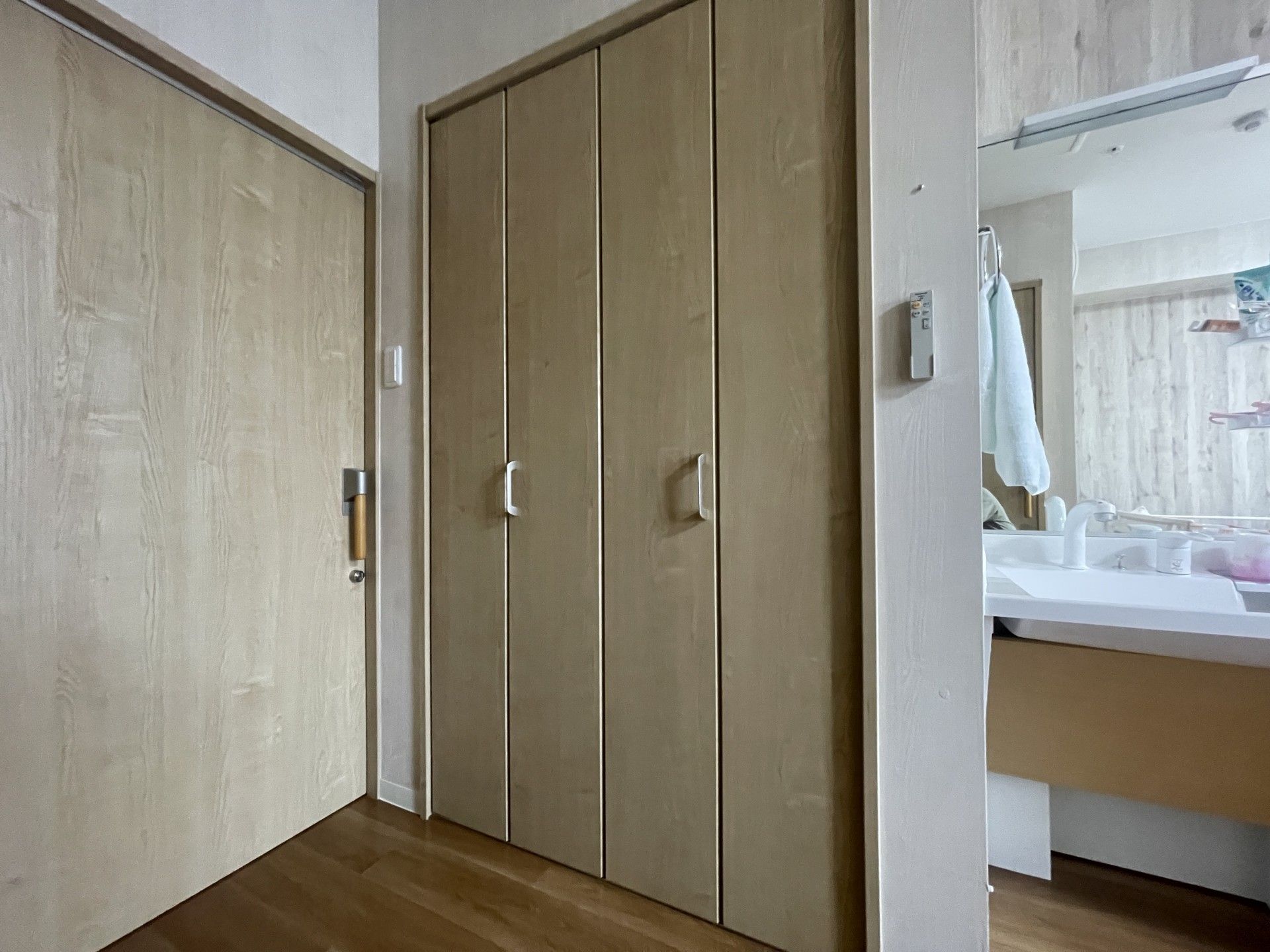 木製扉と洗面台の一角