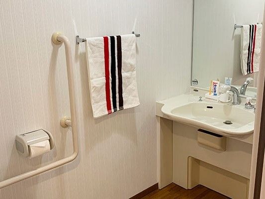 車いす対応の洗面所があるスペース。壁にはトイレットペーパーホルダーや手すり、呼び出しボタン、タオル掛けがある。