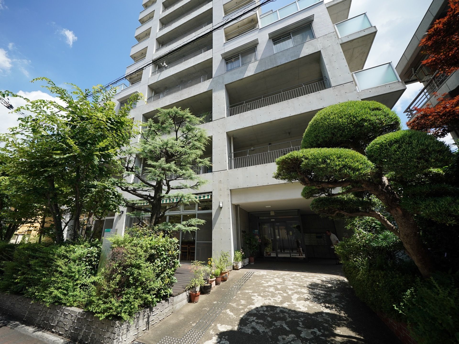 鉄筋コンクリート造の施設の建物である。出入口までの通路の両側には、美しく剪定された松の木などの植栽がある。
