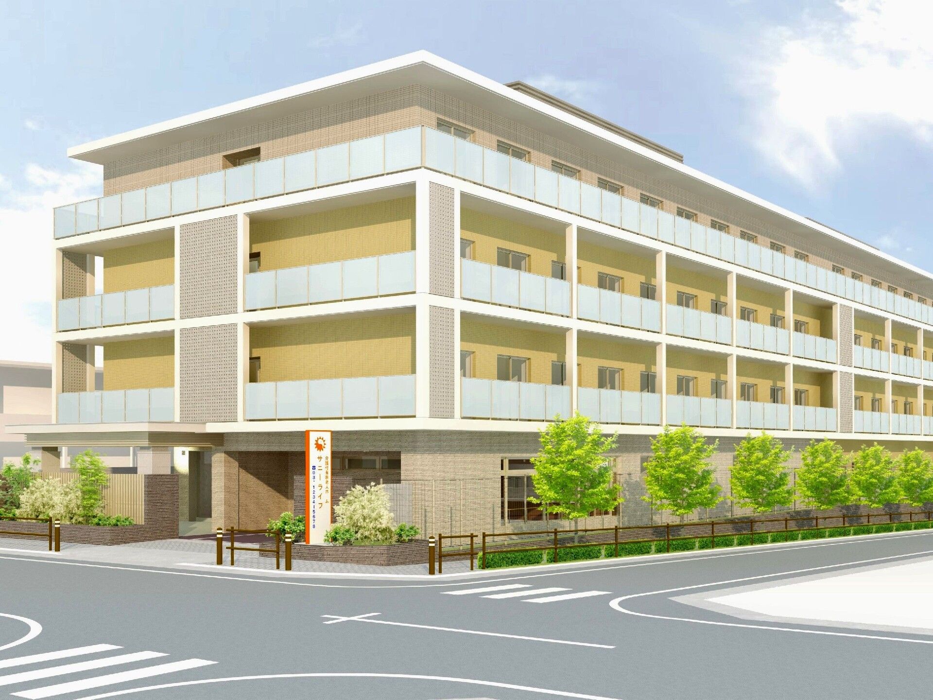 4階建ての建物の各フロアにベランダがあり、周りに草木が植えられ、日当たりのいい場所に建っている。