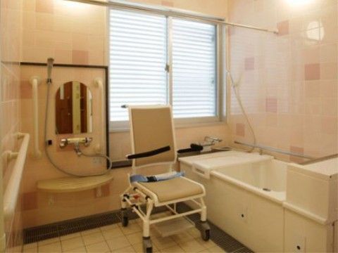 シャワーキャリーの設置された手すり付きの浴室