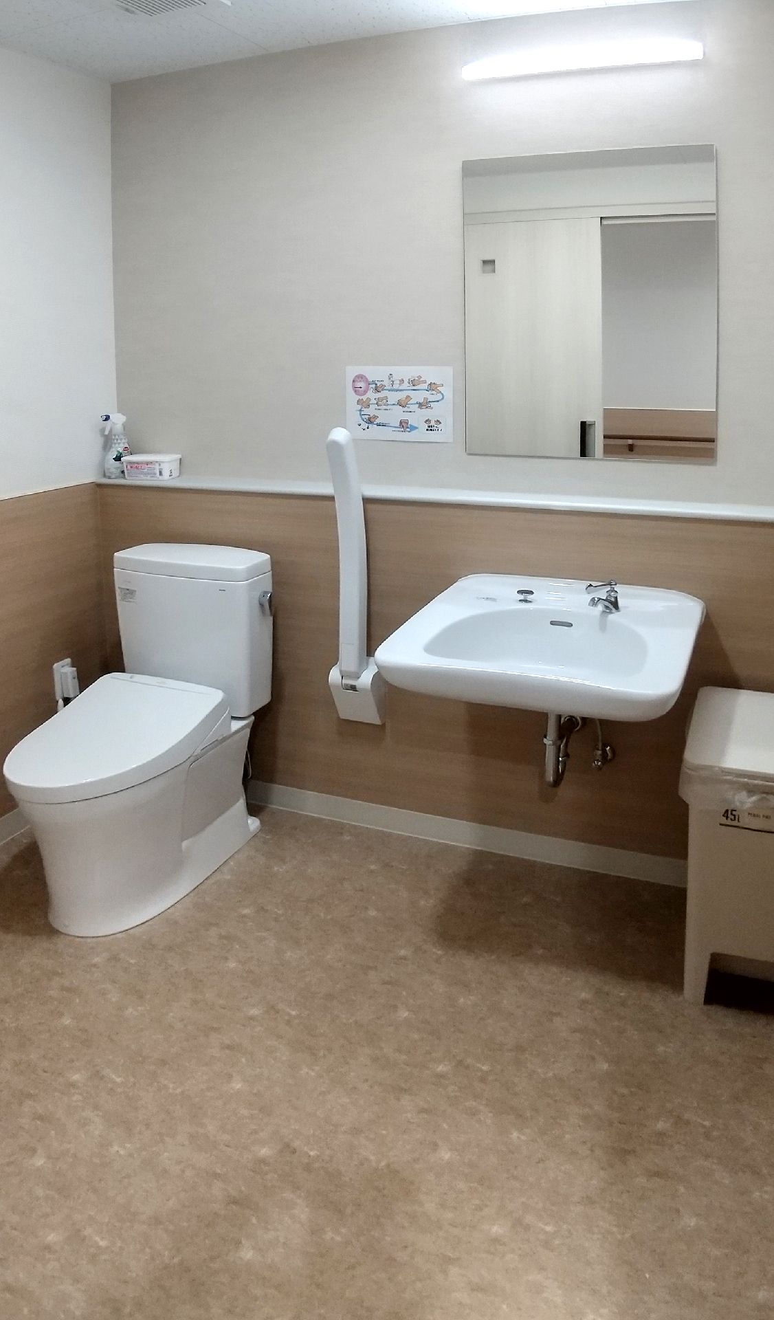 広いトイレには手洗い場があり、便座のそばには手すりも設置されている。