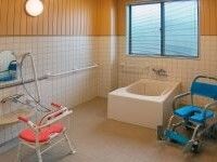 一人用の浴槽が設置された浴室にはシャワーやシャワーチェア、浴室用の車いすがある。