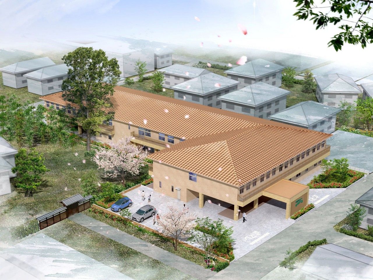 桜並木のある施設外観