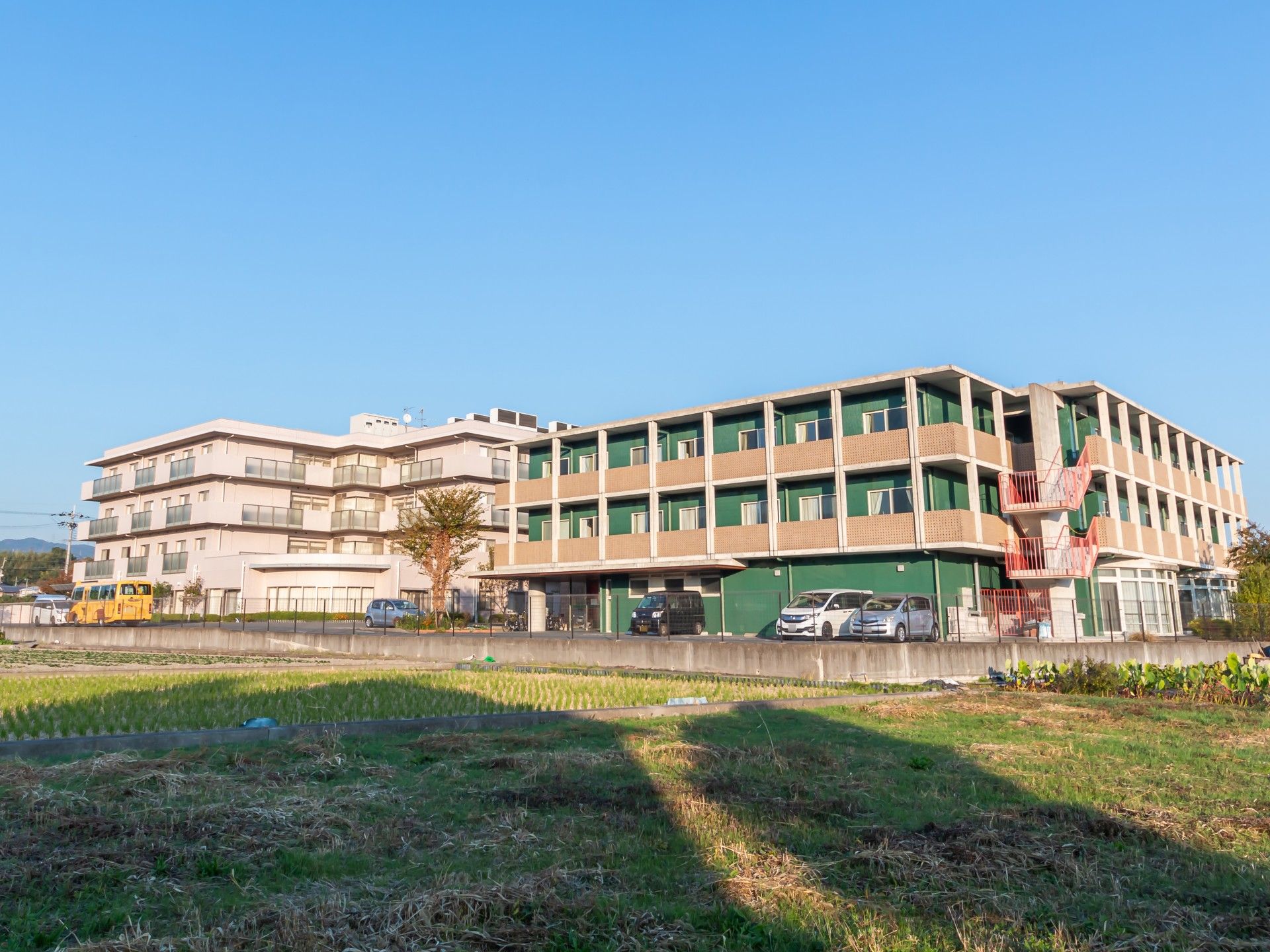 緑色の外壁が特徴的な3階建ての外観