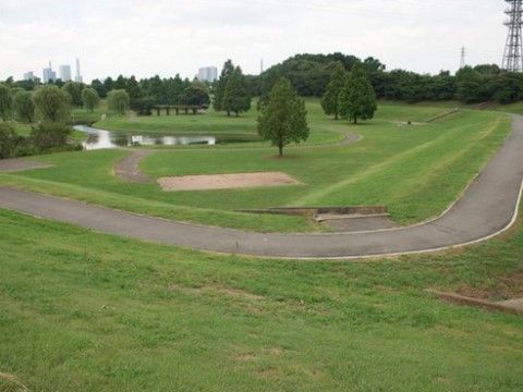 広大な草地と木々が生い茂る公園で、奥には池や小さな森が見える。草地を回るように散歩道が敷かれており、ウォーキングなどを楽しめる。