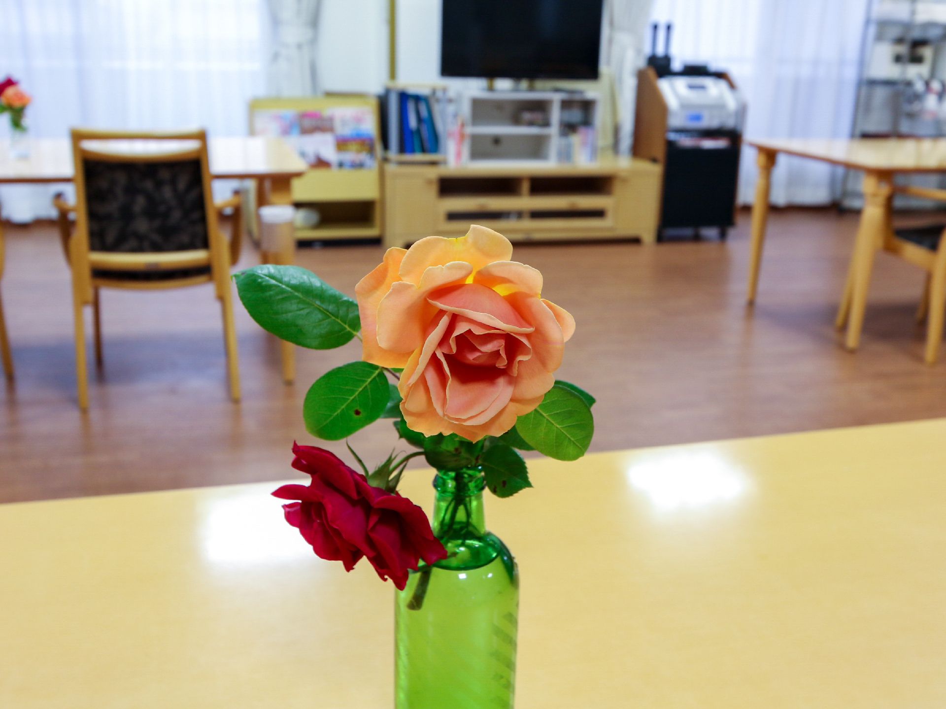 花が飾られた共有スペース