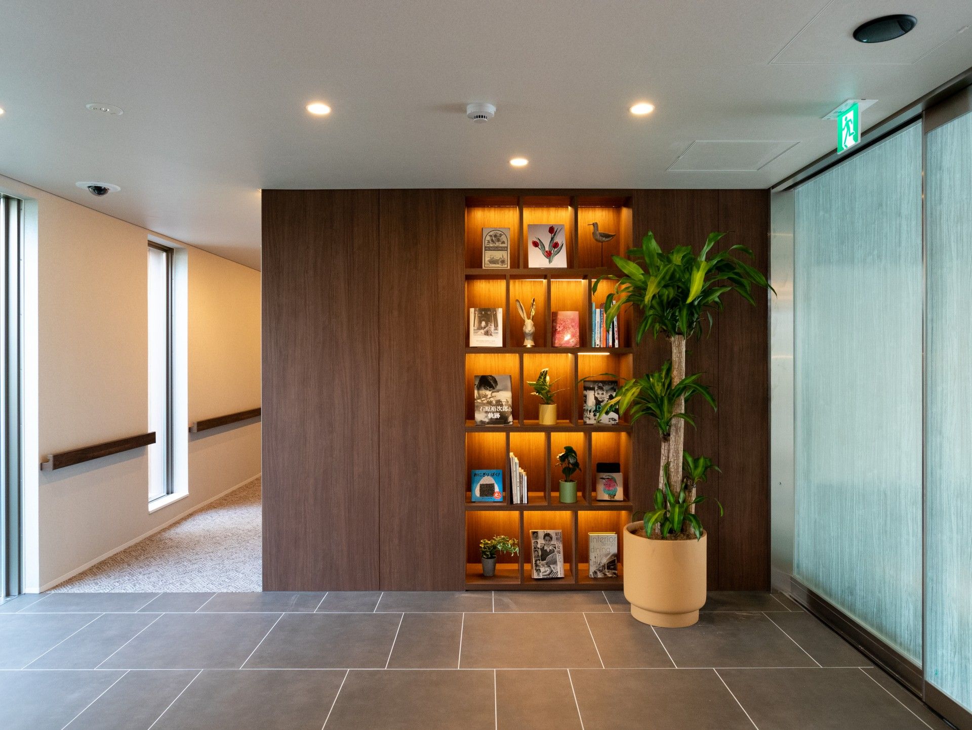 飾り棚と観葉植物の廊下
