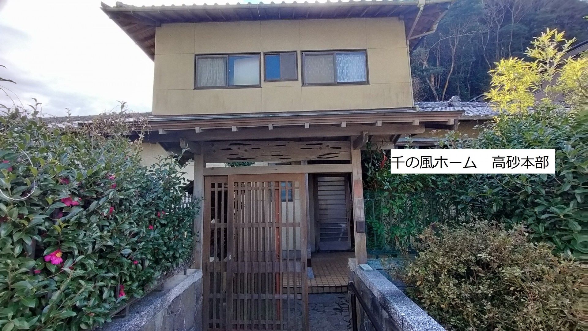 両脇を植物で囲まれた2階建て住宅