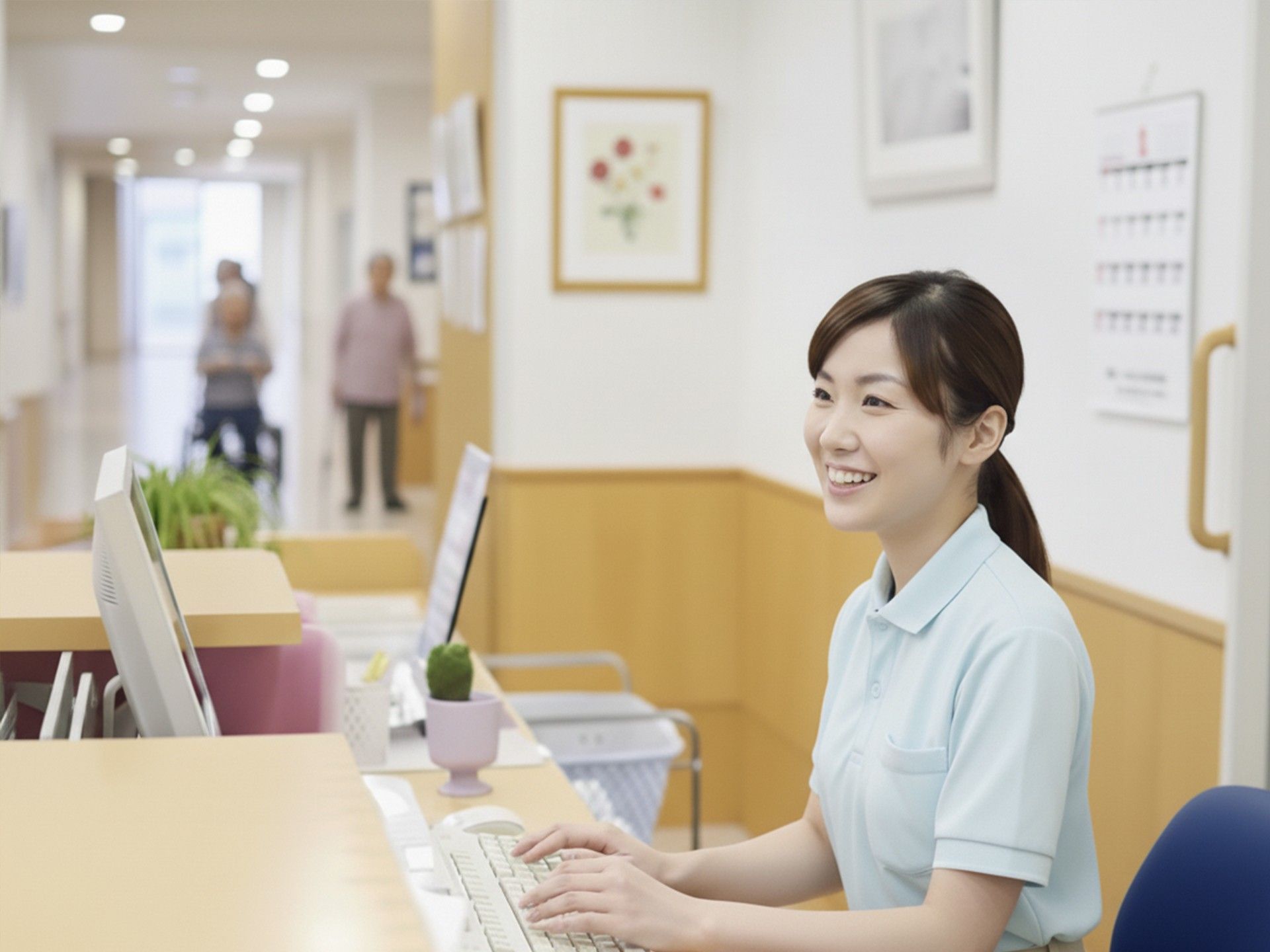 受付カウンターで笑顔を見せる制服姿の女性