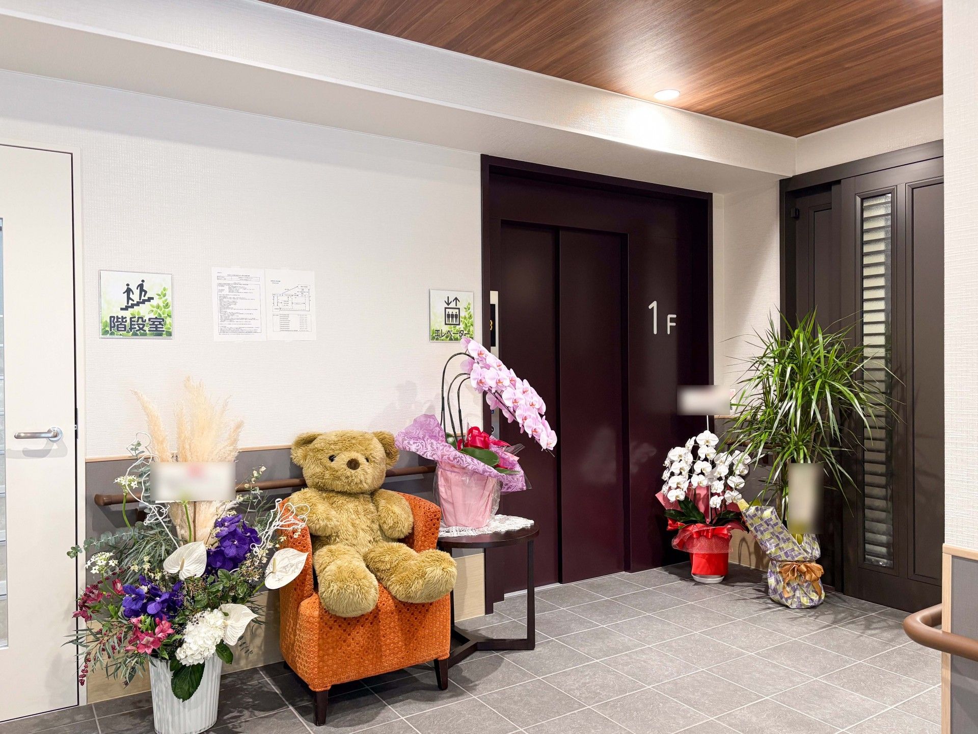 エレベーター前のくまのぬいぐるみ