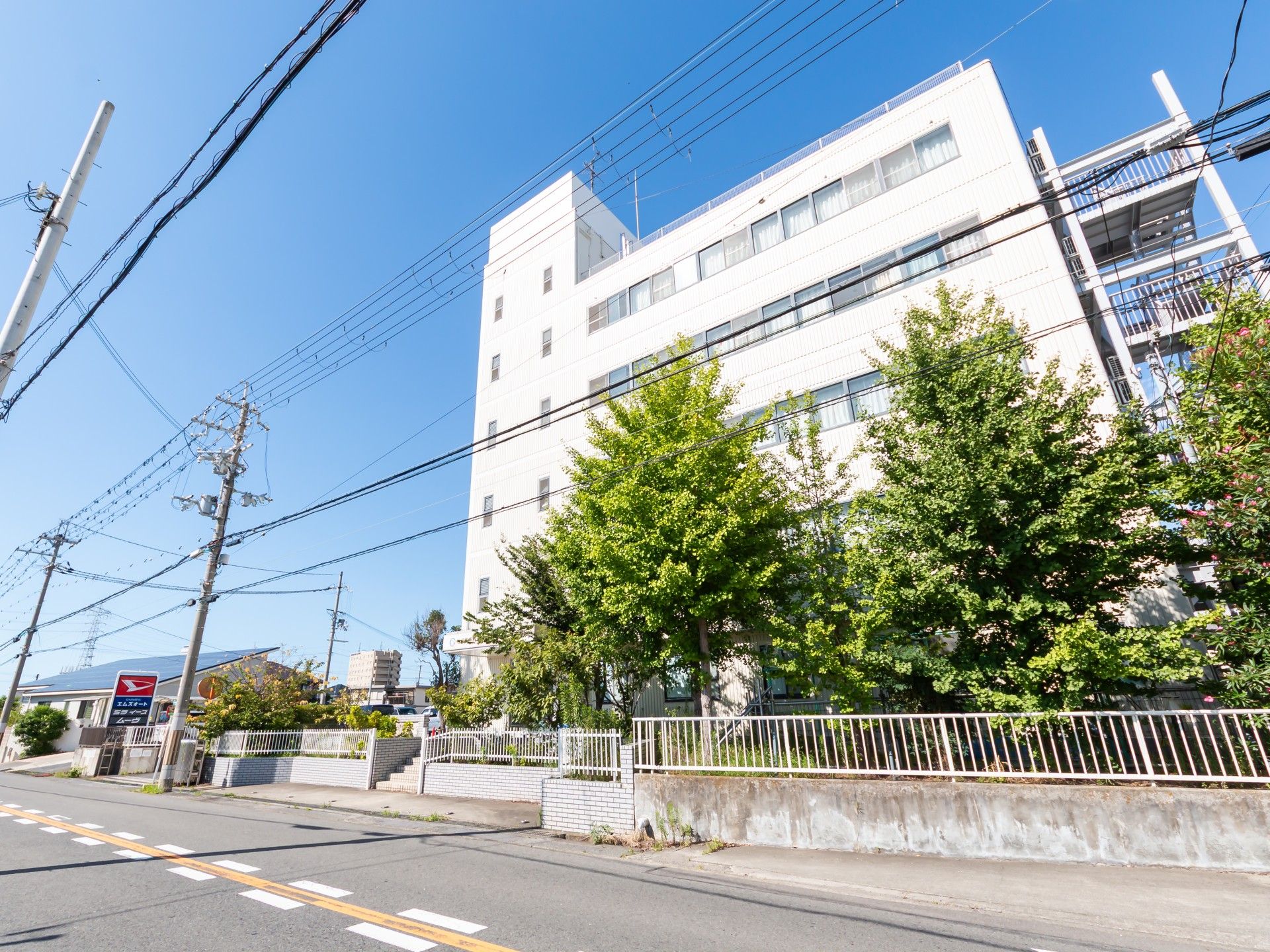緑に囲まれた建物の外観