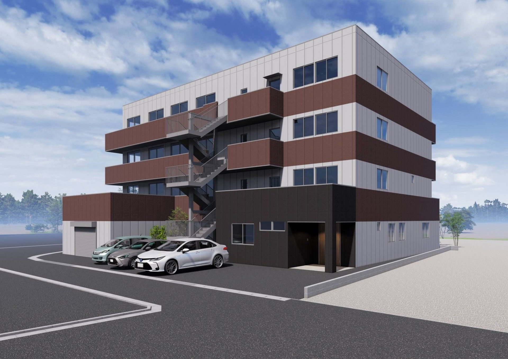 外観の建物と駐車場