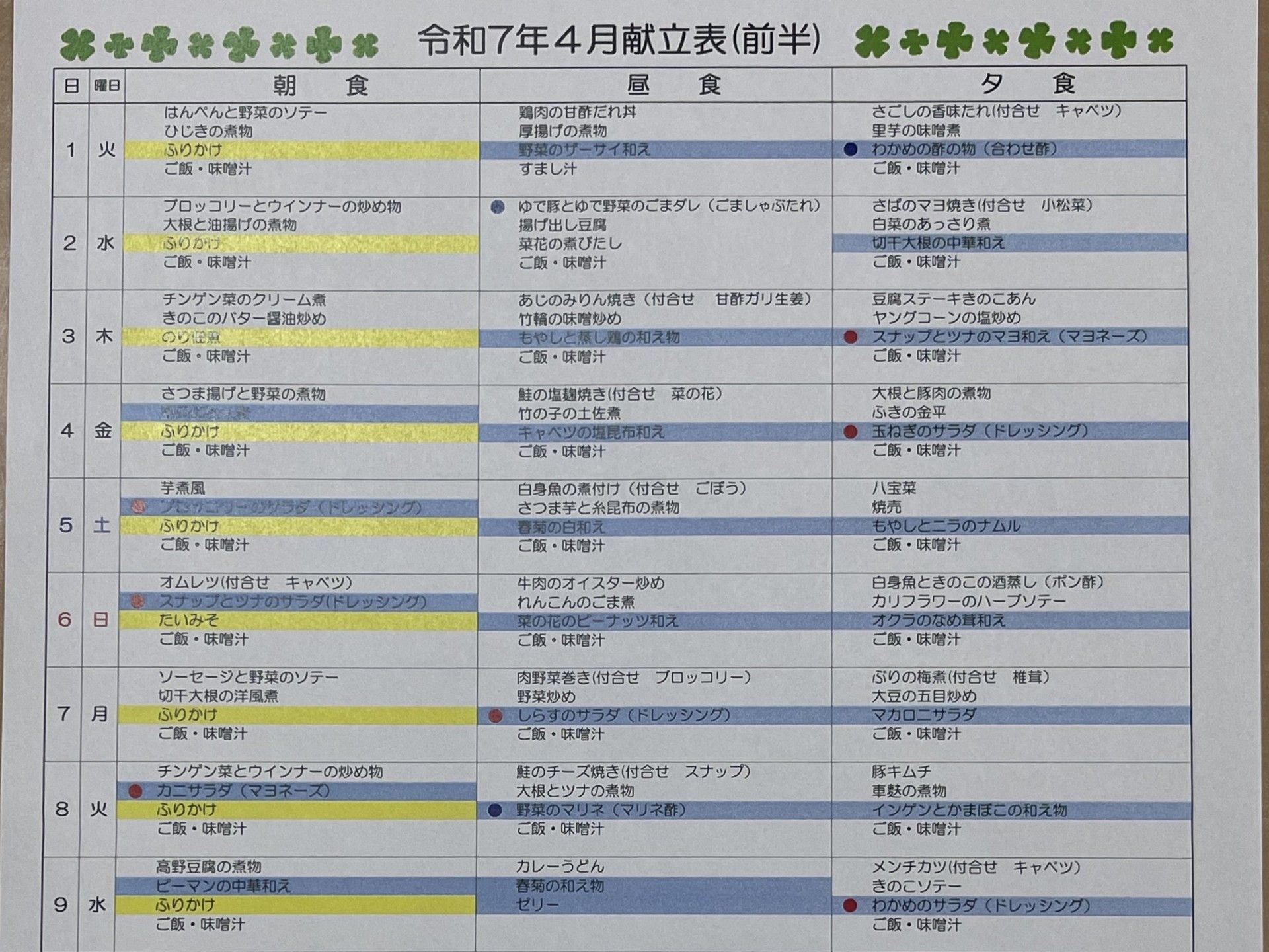 4月前半の献立表