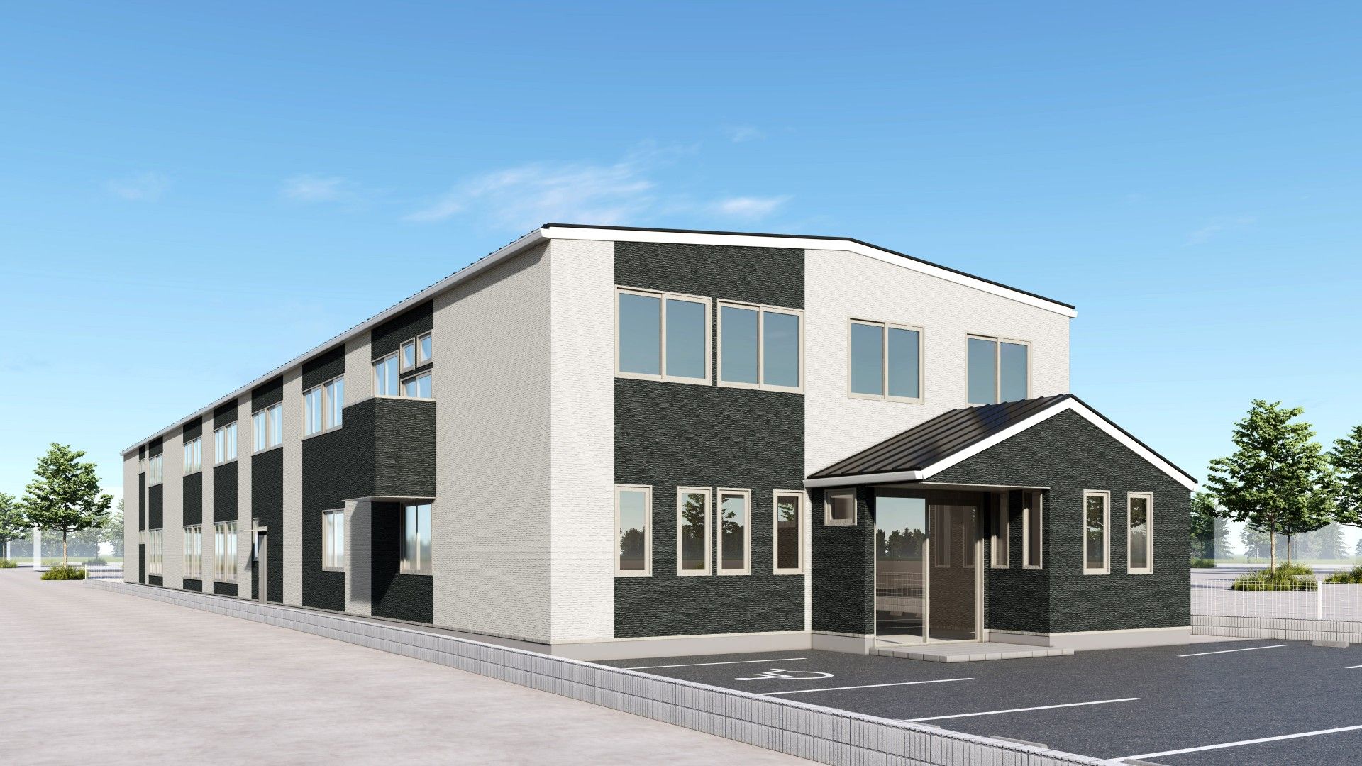 広い駐車場のある建物