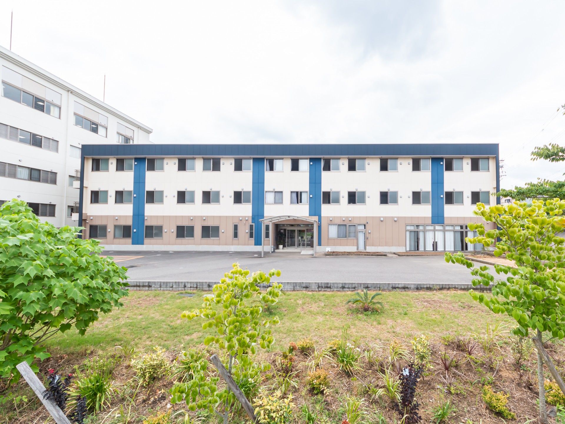 緑に囲まれた建物の外観