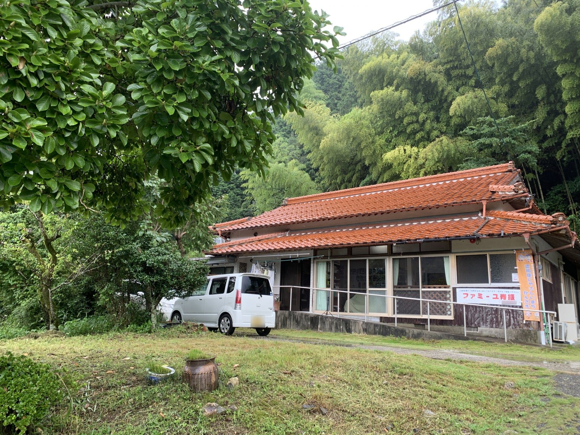 緑に囲まれた建物の外観