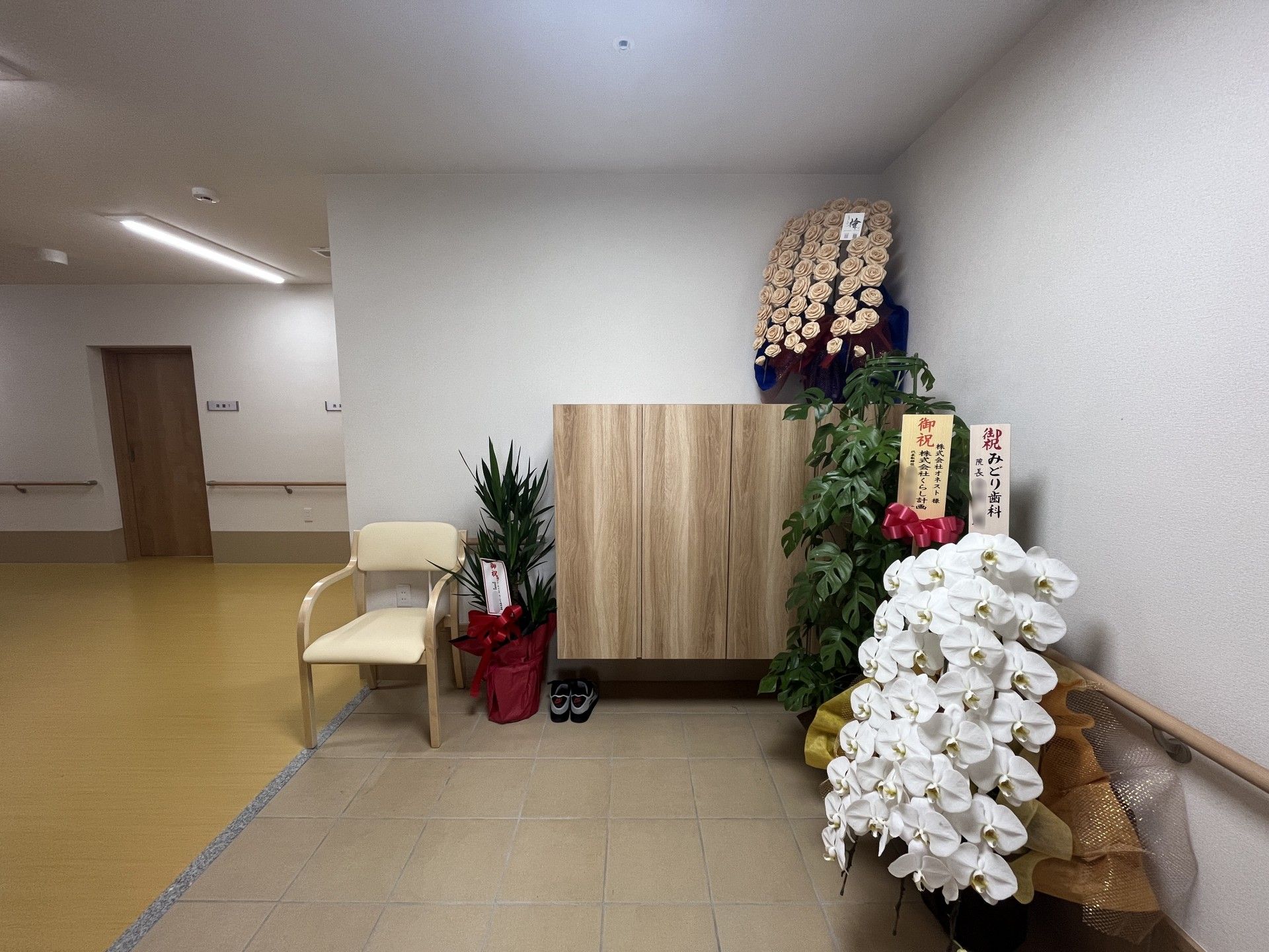 花と椅子がある廊下
