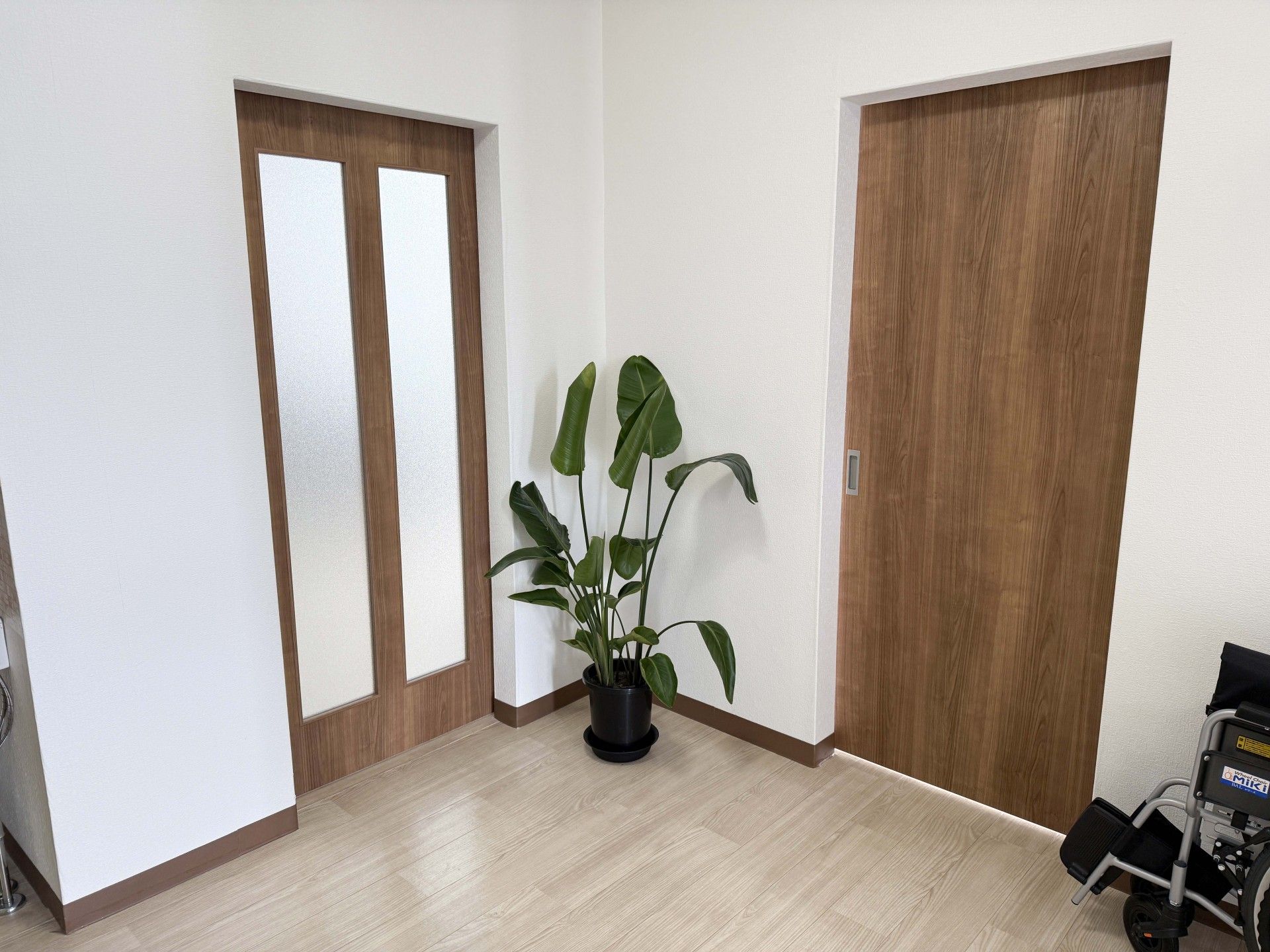 観葉植物と木製ドアのある一角